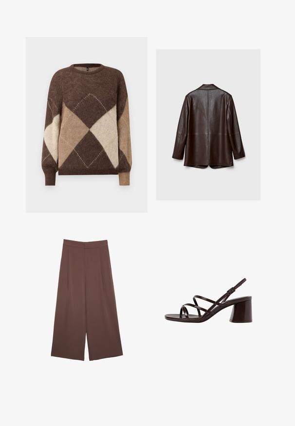 Brązowa skórzana kurtka o gładkiej teksturze, z długimi rękawami i dopasowanym krojem. Posiada wentylację z tyłu oraz minimalne detale szwalnicze.; Brązowy i beżowy sweter z wzorem argyle, dziany, z długimi rękawami i ściągaczami na białym tle.; Brązowe spodnie o szerokich nogawkach z gładką fakturą, z wysokim stanem i plisami z przodu. Materiał jest lekki i luźno opada.; Brązowe sandały na wysokim obcasie z grubym obcasem, z gładkim, błyszczącym wykończeniem i wieloma krzyżującymi się paskami na cholewce.