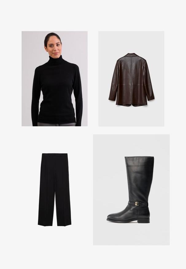 Braune Lederjacke mit einer glatten Textur, langen Ärmeln und einer taillierten Passform. Verfügt über einen Rückenschlitz und minimale Nähdetails.; CASH-MERE CASH-MERE ROLLKRAGEN PULLOVER - Strickpullover - schwarz; Schwarze weit geschnittene Hosen aus glattem Stoff, mit Falten an der Vorderseite und seitlichen Taschen, entworfen in einem geraden, lässigen Schnitt.; Schwarze Lederkniehohe Stiefel mit glatter Textur, kleinen goldenen Schnallendetails, abgerundetem Zehenbereich und niedrigem Blockabsatz. Einfaches, elegantes Design.