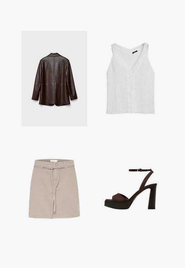 Giacca di pelle marrone con una texture liscia, maniche lunghe e vestibilità su misura. Presenta una apertura sul retro e dettagli di cucitura minimi.; Massimo Dutti FLOWING DOUBLE FABRIC GARMENT - Top - white; Gonna mini in denim beige con passanti per la cintura, legatura frontale e borchie decorative lungo il lato destro. Texture liscia e forma strutturata.; Sandal in camoscio marrone con tacco alto, punta aperta, cinturino alla caviglia regolabile e suola a piattaforma striata.