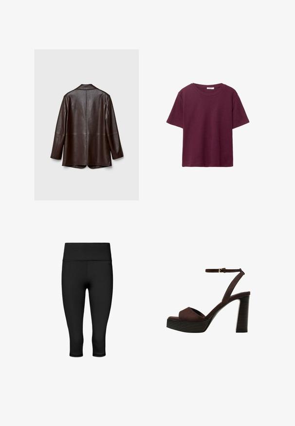 Giacca di pelle marrone con una texture liscia, maniche lunghe e vestibilità su misura. Presenta una apertura sul retro e dettagli di cucitura minimi.; T-shirt bordeaux a maniche corte realizzato in morbido cotone. Presenta un classico scollo rotondo e una vestibilità rilassata. Tessuto semplice, senza motivi né accenti.; Leggings neri fino al polpaccio con una texture liscia e elastica. Presentano una cintura ampia e cuciture piatte per comfort e flessibilità.; Sandal in camoscio marrone con tacco alto, punta aperta, cinturino alla caviglia regolabile e suola a piattaforma striata.