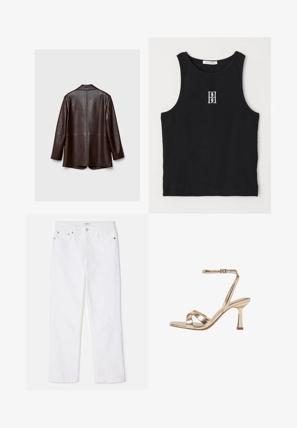 Rjav usnjeni jopič z gladko teksturo, dolgimi rokavi in prilagojenim krojem. Ima zadaj odprtino in minimalne šive.; Črna rebrasta majica brez rokavov z okroglim izrezom in vezenim logotipom v beli barvi. Tkanina ima gladko teksturo in prilagojeno obliko.; Bele denim hlače s ravnim krojem, ki vključujejo klasičen pet-pocket dizajn in srebrne dodatke na pasu.; Zlate metallicne sandale na visoki peti imajo dizajn z x-obliki trakov, trakec okoli gležnja s sponko, odprt toe in kvadratno peto za stabilnost.