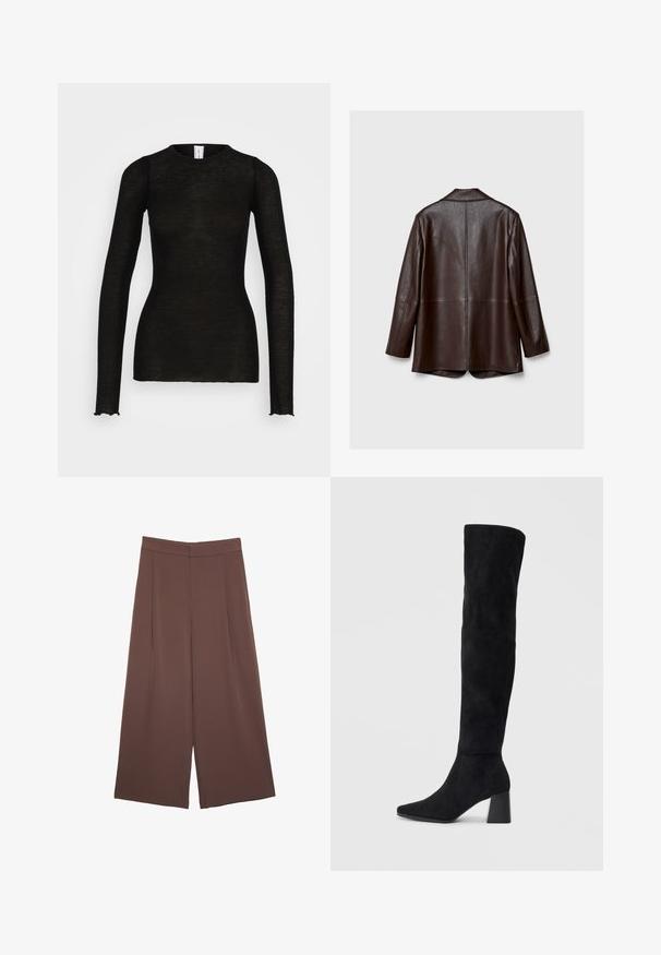 Hnedá kožená bunda s hladkou textúrou, dlhými rukávmi a prispôsobeným strihom. Obsahuje zadné vetranie a minimálne švy.; Samsøe Samsøe DOUDO - Top s dlhým rukávom - black; Hnedé nohavice so širokými nohavicami a hladkou textúrou, s vysokým pásom a prednými skladmi. Tkanina je ľahká a voľne sa pohybuje.; Čierna semišová kozačka po kolená s blokovým podpätkom, špicatou špičkou a hladkým, bezšvovým dizajnom na jednoduchom svetlom pozadí.