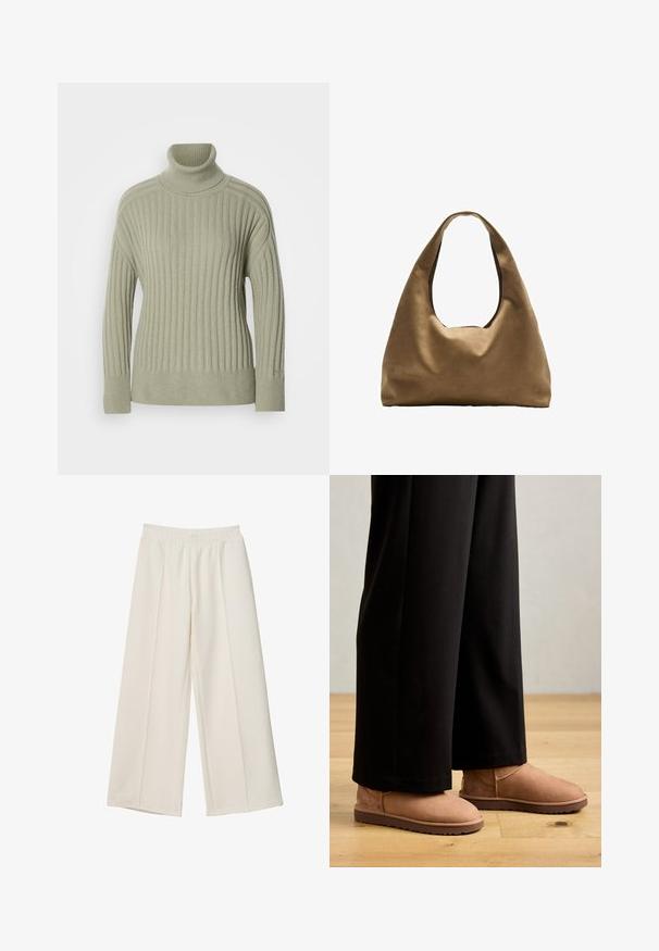 Blazer structuré marron avec une fermeture à un bouton, des revers nets et des détails de plis uniques à l'ourlet. Texture de tissu lisse.; Pull à col roulé vert clair en tissu côtelé. Design à épaules tombantes, détails de couture minimalistes et manches longues.; Pantalons larges couleur crème avec taille élastique et détails de couture à l'avant, confectionnés dans un tissu doux.; Bottines en suede marron avec une semelle en caoutchouc plate, un bout rond et des coutures minimales, portées avec un pantalon large noir sur un sol en bois.; Sac à épaule en tissu marron avec un corps large et arrondi et une grande poignée découpée. Texture douce, design minimaliste et aucun matériel visible.
