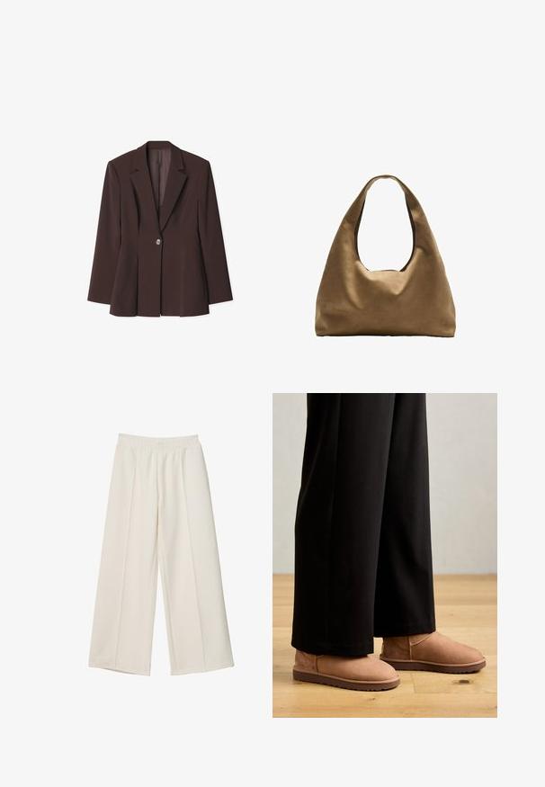 Brązowa strukturalna marynarka z pojedynczym zapięciem na guzik, ostrymi klapami i unikalnymi detalami w fałdach u dołu. Gładka faktura materiału.; Kremowa koszulka polo z długimi rękawami i cienkimi bordowymi paskami, z klasycznym kołnierzykiem i zapięciem na trzy guziki, wykonana z miękkiego materiału.; Szerokie, kremowe spodnie z elastycznym pasem i detalami szwu z przodu, wykonane z gładkiego materiału.; Brązowe zamszowe botki za kostkę z płaską gumową podeszwą, okrągłym noskiem i minimalnym przeszyciem, noszone z czarnymi spodniami wide-leg na drewnianej podłodze.; Brązowa torba na ramię z szerokim, zaokrąglonym kształtem i dużym wyciętym uchwytem. Miękka tekstura, minimalistyczny design i brak widocznych elementów metalowych.