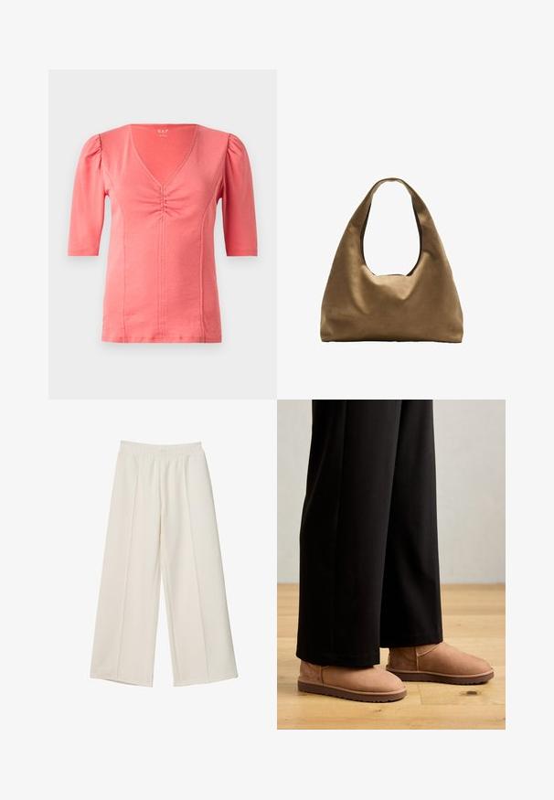 Brązowa strukturalna marynarka z pojedynczym zapięciem na guzik, ostrymi klapami i unikalnymi detalami w fałdach u dołu. Gładka faktura materiału.; Koronkowa bluzka z krótkim rękawem w kolorze koralowym, z dekoltem w kształcie litery V, marszczonym detalem z przodu oraz miękkiej elastycznej tkaniny. Gładka struktura i dopasowany krój.; Szerokie, kremowe spodnie z elastycznym pasem i detalami szwu z przodu, wykonane z gładkiego materiału.; Brązowe zamszowe botki za kostkę z płaską gumową podeszwą, okrągłym noskiem i minimalnym przeszyciem, noszone z czarnymi spodniami wide-leg na drewnianej podłodze.; Brązowa torba na ramię z szerokim, zaokrąglonym kształtem i dużym wyciętym uchwytem. Miękka tekstura, minimalistyczny design i brak widocznych elementów metalowych.