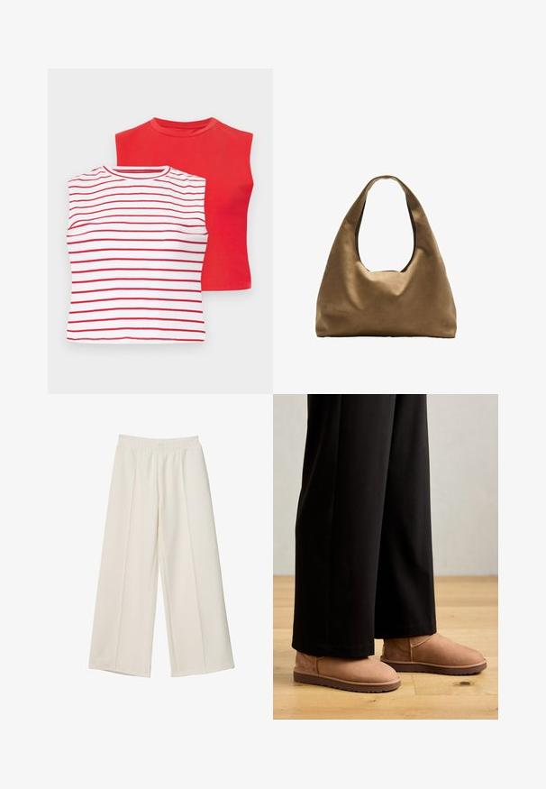 Brun struktureret blazer med en enkelt knaplukning, skarpe revers og unikke plissé detaljer ved kanten. Glat stoftekstur.; To sæt kortærmede toppe: en rød ensfarvet og en hvid med vandrette røde striber. Begge har runde halsudskæringer og en blød bomuldsstruktur.; Løse cremefarvede bukser med elastisk talje og detaljering i fronten, lavet af glat stof.; Brune ruskinds ankelstøvler med flad gummisål, rund tå og minimal syning, båret med sorte brede bukser på et trægulv.; Brun stof skuldertaske med en bred, rundet krop og et stort udsnit håndtag. Blød tekstur, minimalistisk design og ingen synlig hardware.