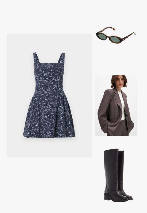 Temno rjav blazer s prilagojeno obliko, z širokimi kragnami, zapiranjem na gumb in stranskimi žepi. V kombinaciji z svetlo obarvano majico.; Mornarsko modra brezrokavna obleka s kvadratnim izrezom, ki ima prilegajoče telo in razširjen krilo, okrašena z belimi pikami.; Črne usnjene škornje do kolen z gladko teksturo, zaokroženim prstom in robustnim petnim delom. Imajo diskretne šive in poenoteno zasnovo.; Žirafne sončna očala z ovalnimi okvirji in zelenimi lečami. Imajo tanke ročice z metalnim poudarkom blizu tečajev.; Torba iz bež sued kožne teksture z dvema dolgima ročajema, pravokotne oblike in okrasnim šivanjem. Ima stranski trak in subtilne zlate detajle.