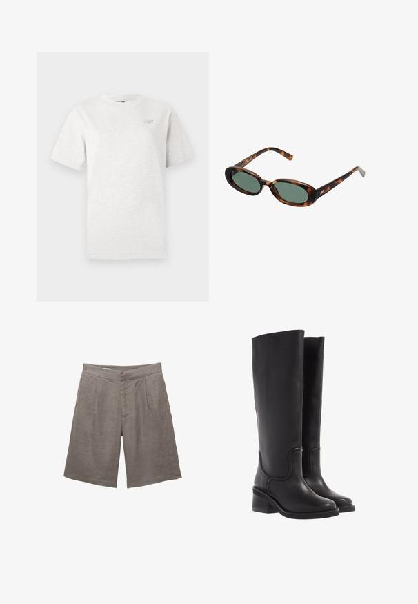 Mörkbrun kavaj med skräddarsydd design, som har breda slag, knäppning och sidofickor. Matchad med en ljust färgad topp.; Grå stickad V-hals långärmad tröja med ribbade muddar och fåll, visad platt på en vit bakgrund.; Grå t-shirt med kort ärm i mjuk bomull, med rund halsringning och en liten logotyp på vänster bröst.; Grå linneshorts med en avslappnad passform, med flat front, två framfällor och sidofickor. Slät textur utan synliga mönster.; Svarta läderknähöga stövlar med en slät yta, rund tå och en kraftig klack. Har subtila sömmar och en strömlinjeformad design.; Sköldpaddsmönstrade solglasögon med ovala bågar och gröna linser. Har tunna skalmar med en metallisk detalj vid gångjärnen.; Tan mockasinväska med två långa handtag, rektangulär form och dekorativ sömnad. Har en sidremsa och subtila detaljer i guldmetall.