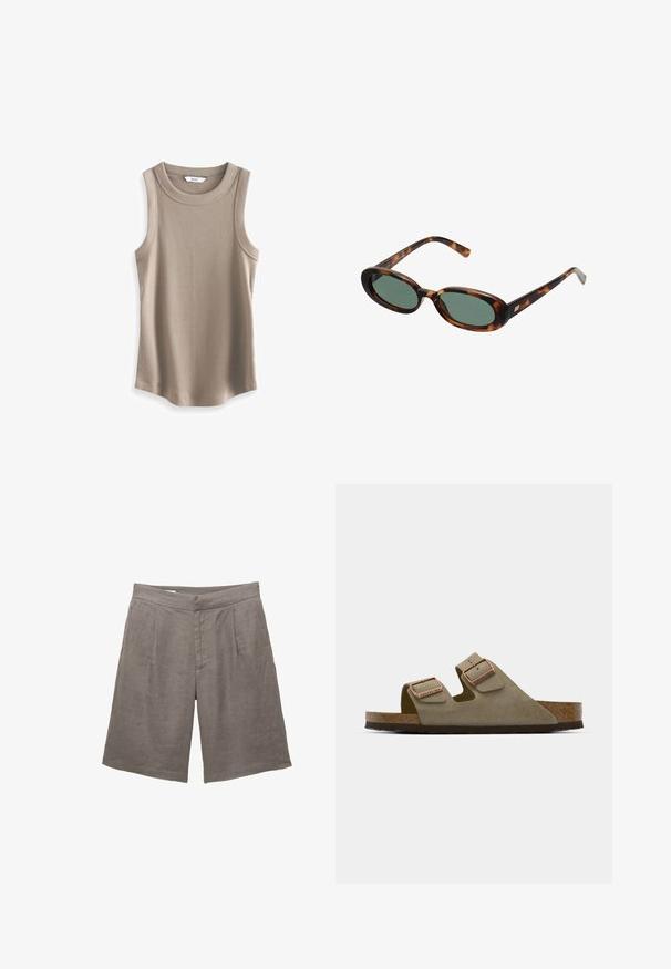 Dark brown blazer with a tailored design, featuring wide lapels, button closure, and side pockets. Paired with a light-colored top.; Crochet knit sweater in cream with a loose fit, long sleeves, and a scalloped hem. Features open weaved patterns for breathable texture.; Next RACER STANDARD - Top - brown; Gray linen shorts with a relaxed fit, featuring a flat front, two front pleats, and side pockets. Smooth texture with no visible patterns.; Light taupe suede sandal with two adjustable straps and rose gold hardware. Cork footbed on a textured brown sole. Open-toe design.; Tortoiseshell sunglasses with oval frames and green lenses. Features thin arms with a metallic accent near the hinges.; Tan suede handbag with two long handles, rectangular shape, and decorative stitching. Features a side strap and subtle gold hardware accents.