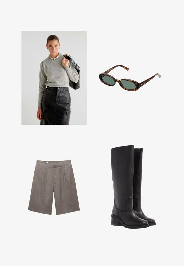 Dunkelbrauner Blazer mit maßgeschneidertem Design, breiten Revers, Knopfverschluss und Seitentaschen. Kombiniert mit einem hellen Oberteil.; Grauer Strickpullover mit Rundhalsausschnitt und Puffärmeln, kombiniert mit einem hochTaillierten schwarzen Lederrock mit Taschen und einem Gürtel.; Graue Leinen-Shorts mit lässiger Passform, flachem Bund, zwei vorderen Falten und seitlichen Taschen. Glatte Textur ohne sichtbare Muster.; Schwarze Lederstiefel bis zum Knie mit glatter Textur, abgerundeter Spitze und klobigem Absatz. Mit dezenten Nähten und einem schlanken Design.; Schildpatt-Sonnenbrille mit ovalen Rahmen und grünen Gläsern. Verfügt über dünne Bügel mit einem metallischen Akzent in der Nähe der Scharniere.