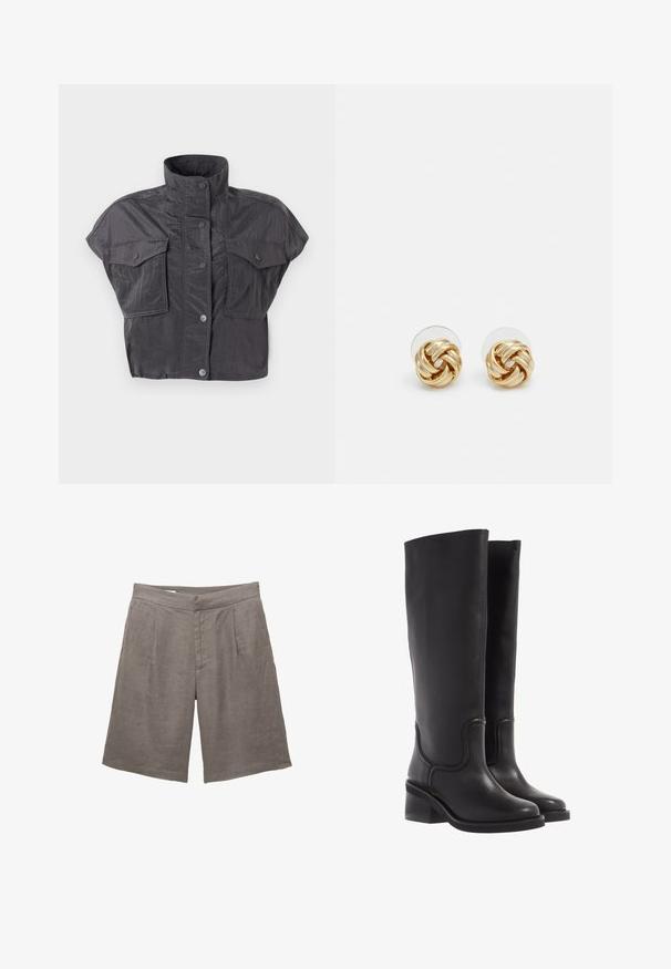 Temno rjav blazer s prilagojeno obliko, z širokimi kragnami, zapiranjem na gumb in stranskimi žepi. V kombinaciji z svetlo obarvano majico.; Kratka siva jakna s visokim ovratnikom, kratkimi rokavi, gumbnim zapiranjem in dvema prsnih žepoma. Narejena iz pomirjene, teksturirane tkanine.; Sive lanene kratke hlače z sproščenim krojem, ki imajo raven sprednji del, dve sprednji naborki in stranske žepke. Gladka struktura brez vidnih vzorcev.; Črne usnjene škornje do kolen z gladko teksturo, zaokroženim prstom in robustnim petnim delom. Imajo diskretne šive in poenoteno zasnovo.; Klavirske uhani v zlatem tonu s zvitim dizajnom. Vsak uhán je opremljen s krožno prozorno podlago za zagotavljanje varne nošnje.