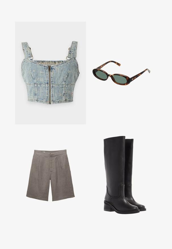 Tummanruskea puku takki, jossa on muotonsa mukautettu suunnittelu, leveät läpät, nappikiinnitys ja sivutaskut. Yhdistetty vaaleanväriseen paitaan.; Denim crop-top, jonka vaaleansininen pesu, varustettu vetoketjusuljennolla, rypytetty takapuoli ja leveät hihnat. Yksityiskohtiin kuuluu ompelu ja lievää kulutusta.; Harmaat pellavashortsit rennosti istuvalla leikkauksella, joissa on tasainen etu, kaksi etupleiä ja sivutaskut. Sileä tekstuuri ilman näkyviä kuvioita.; Mustat nahkaiset polvipituiset saappaat, joissa on sileä pinta, pyöreä kärki ja leveä korko. Niissä on hienovaraisia ompeleita ja virtaviivainen muotoilu.; Kilpikonnakuosisuntit, joissa on soikeat kehykset ja vihreät linssit. Ominaisuuksiin kuuluu ohuet varret, joissa on metallinen korostus saranan lähellä.; Tan suede laukku kahdella pitkällä kahvalla, suorakulmainen muoto ja koristeellinen ompelu. Sisältää sivuhihnan ja hillittyjä kultaisia varusteita.