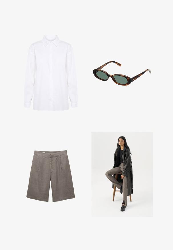 Donkerbruine blazer met een getailleerd ontwerp, voorzien van brede revers, knoopsluiting en zijzakken. Gecombineerd met een lichtgekleurde top.; Witte langemouwen shirt gemaakt van katoen, met een klassieke kraag en knoopsluiting, met lange mouwen en een rechte snit aan de onderkant.; Bruine lange mouwen top gemaakt van zacht, rekbaar materiaal met een ronde halslijn en een relaxed fit, met een gladde textuur en minimale details.; Grijze linnen shorts met een relaxte pasvorm, voorzien van een platte voorkant, twee voorplooien en zijzakken. Glad textuur zonder zichtbare patronen.; Zwarte leren trenchcoat met knopen en riemdetails, gecombineerd met lichtbruine getailleerde broek en zwarte loafers, zittend op een houten kruk.; schildpadbril met ovale monturen en groene lenzen. Heeft dunne spijlen met een metalen accent nabij de scharnieren.; Tommy Hilfiger ETERNITY MICRO TOTE MONO - Handtas - universal grey