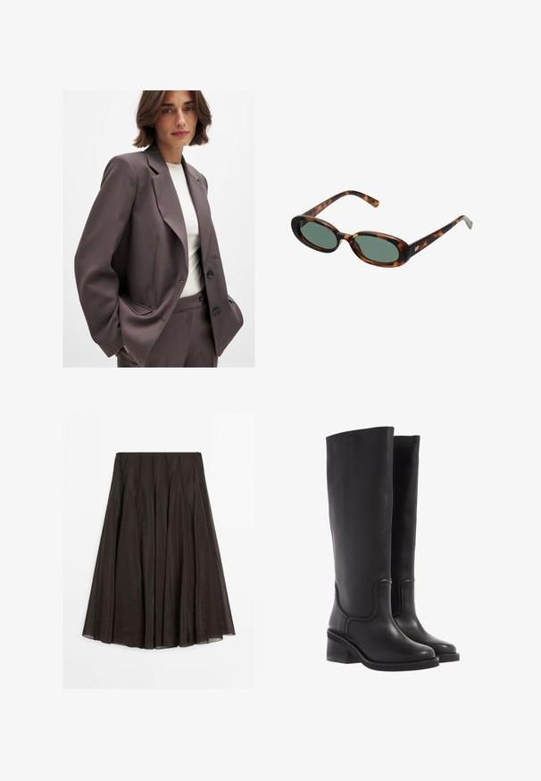 Donkerbruine blazer met een getailleerd ontwerp, voorzien van brede revers, knoopsluiting en zijzakken. Gecombineerd met een lichtgekleurde top.; Bruin stof met een zachte textuur, met zichtbare stiksels en een cirkelvormig logolabel dat gedeeltelijk wordt bedekt door stofplooien.; Donkerbruine A-lijn midi rok met verticale zoomdetails, lichtgewicht stof en een ritssluiting aan de achterkant.; Zwarte leren kniehoge laarzen met een soepele textuur, ronde neus en een chunkyer heel. Heeft subtiele stiksels en een gestroomlijnd ontwerp.; schildpadbril met ovale monturen en groene lenzen. Heeft dunne spijlen met een metalen accent nabij de scharnieren.; Tan suède handtas met twee lange hengsels, rechthoekige vorm en decoratieve stiksels. Beschikt over een zijriem en subtiele gouden hardware accenten.