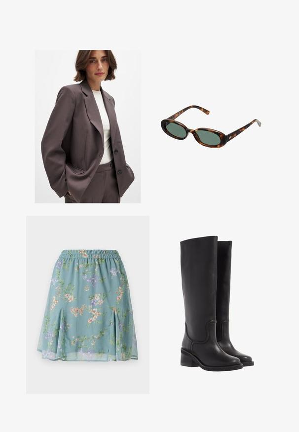 Mörkbrun kavaj med skräddarsydd design, som har breda slag, knäppning och sidofickor. Matchad med en ljust färgad topp.; Brun långärmad topp i mjukt, stretchigt material med rund halsringning och avslappnad passform, med en slät yta och minimal detaljering.; Lätt, flödande ljusblå kjol med ett blommönster i nyanser av lila, orange och grönt; elastisk midja; sidaperforeringar vid fållen.; Svarta läderknähöga stövlar med en slät yta, rund tå och en kraftig klack. Har subtila sömmar och en strömlinjeformad design.; Sköldpaddsmönstrade solglasögon med ovala bågar och gröna linser. Har tunna skalmar med en metallisk detalj vid gångjärnen.; Tan mockasinväska med två långa handtag, rektangulär form och dekorativ sömnad. Har en sidremsa och subtila detaljer i guldmetall.