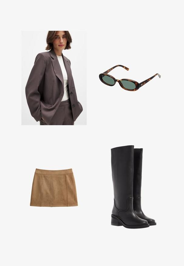 Dunkelbrauner Blazer mit maßgeschneidertem Design, breiten Revers, Knopfverschluss und Seitentaschen. Kombiniert mit einem hellen Oberteil.; Brauner, langärmeliger Pullover aus weichem, elastischem Material mit rundem Halsausschnitt und lockerer Passform, der eine glatte Textur und minimales Design aufweist.; Brauner Wildlederrock mit glatter Textur, A-Linie Form und einem Taillenbund. Verfügt über gesteppte Nähte für zusätzliche Details.; Schwarze Lederstiefel bis zum Knie mit glatter Textur, abgerundeter Spitze und klobigem Absatz. Mit dezenten Nähten und einem schlanken Design.; Schildpatt-Sonnenbrille mit ovalen Rahmen und grünen Gläsern. Verfügt über dünne Bügel mit einem metallischen Akzent in der Nähe der Scharniere.; Tasche aus braunem Wildleder mit zwei langen Griffen, rechteckiger Form und dekorativer Naht. Verfügt über einen seitlichen Riemen und subtile goldene Hardwareakzente.