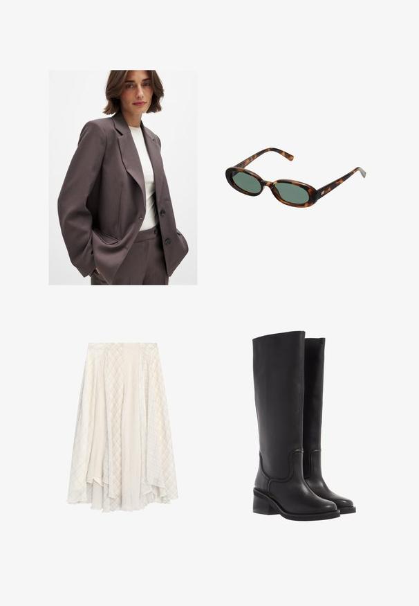 Blazer marron foncé au design ajusté, doté de larges revers, d'une fermeture à bouton et de poches latérales. Assorti à un haut de couleur claire.; Haut marron à manches longues en matériau doux et extensible, avec un col rond et une coupe décontractée, présentant une texture lisse et un minimalisme dans les détails.; Jupe multipanels de couleur claire, présentant un mélange de tissus à carreaux et à motifs avec un design fluide et une finition texturée.; Bottes en cuir noir montant jusqu'au genou, avec une texture lisse, un bout arrondi et un talon épais. Présente une couture discrète et un design épuré.; Lunettes de soleil en écaille de tortue avec des montures ovales et des verres verts. Elles présentent des branches fines avec un accent métallique près des charnières.; Sac en daim beige avec deux longues poignées, de forme rectangulaire et avec des coutures décoratives. Dispose d'une bandoulière et de subtils accents en métal doré.