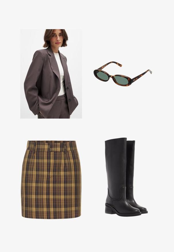 Blazer marrón oscuro con un diseño entallado, que presenta solapas anchas, cierre de botón y bolsillos laterales. Combinado con una blusa de color claro.; Camiseta de manga larga marrón hecha de un material suave y elástico, con un escote redondeado y un corte relajado, que presenta una textura lisa y un diseño minimalista.; Minifalda a cuadros en amarillo y azul marino. Presenta una cintura alta, frente plano y bolsillos laterales, fabricada en un tejido texturizado con una forma estructurada.; Botas de cuero negro hasta la rodilla con una textura suave, punta redondeada y un tacón ancho. Presenta costuras sutiles y un diseño aerodinámico.; Gafas de sol de carey con montura ovalada y lentes verdes. Presentan brazos delgados con un detalle metálico cerca de las bisagras.; Bolso de mano de ante marrón con dos asas largas, forma rectangular y costuras decorativas. Presenta una correa lateral y sutiles acentos en dorado.