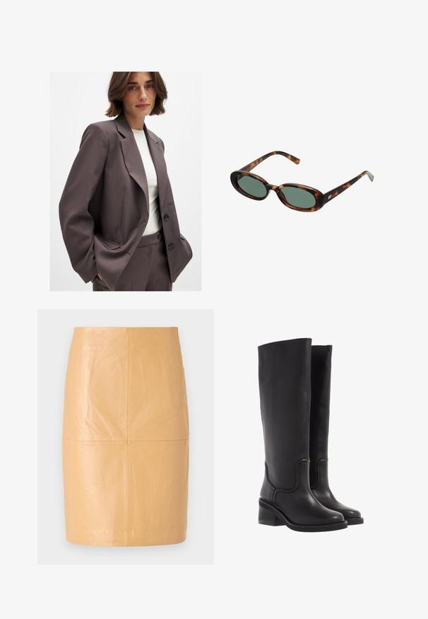 Blazer marron foncé au design ajusté, doté de larges revers, d'une fermeture à bouton et de poches latérales. Assorti à un haut de couleur claire.; Haut marron à manches longues en matériau doux et extensible, avec un col rond et une coupe décontractée, présentant une texture lisse et un minimalisme dans les détails.; 2nd Day JAYAN - Jupe en cuir - camel; Bottes en cuir noir montant jusqu'au genou, avec une texture lisse, un bout arrondi et un talon épais. Présente une couture discrète et un design épuré.; Lunettes de soleil en écaille de tortue avec des montures ovales et des verres verts. Elles présentent des branches fines avec un accent métallique près des charnières.; Sac en daim beige avec deux longues poignées, de forme rectangulaire et avec des coutures décoratives. Dispose d'une bandoulière et de subtils accents en métal doré.