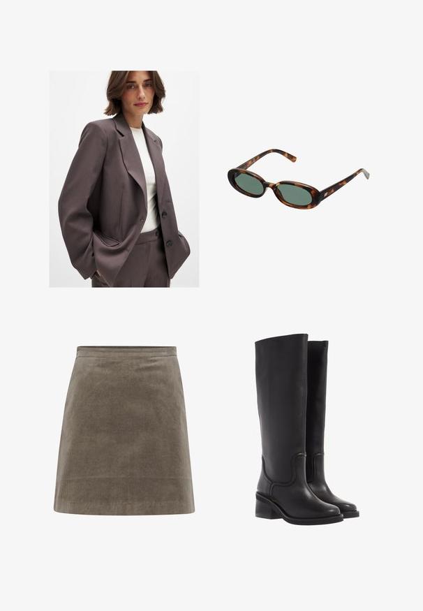 Mørkebrun blazer med skræddersyet design, der har brede revers, knaplukning og sidelommer. Sammen med en lysfarvet top.; Brun T-shirt med lange ærmer, lavet af blødt, strækbart materiale, med rund halsudskæring og en afslappet pasform, der har en glat tekstur og minimal detaljer.; Khawfarvet fløjl mini nederdel med lige form, glat tekstur og en simpel talje, med lodrette ribbede linjer over det hele.; Sorte læder knæ-høje støvler med en glat tekstur, rund tå og en chunky hæl. Har diskret syninger og et strømlinet design.; Skildpaddemønstrede solbriller med ovale stel og grønne linser. Har tynde arme med en metallisk detalje nær hængslerne.; Tan ruskindtaske med to lange håndtag, rektangulær form og dekorativ syning. Den har en sideløsning og subtile guldfarvede hardware-detaljer.