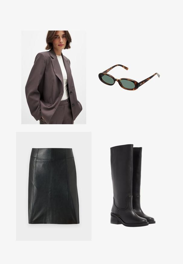 Mørkebrun blazer med skræddersyet design, der har brede revers, knaplukning og sidelommer. Sammen med en lysfarvet top.; Brun T-shirt med lange ærmer, lavet af blødt, strækbart materiale, med rund halsudskæring og en afslappet pasform, der har en glat tekstur og minimal detaljer.; Sort lædernederdel med en tætsiddende pasform. Glat tekstur, sømme der fremhæver formen, og en lige kant. Minimalistisk og strømlinet udseende.; Sorte læder knæ-høje støvler med en glat tekstur, rund tå og en chunky hæl. Har diskret syninger og et strømlinet design.; Skildpaddemønstrede solbriller med ovale stel og grønne linser. Har tynde arme med en metallisk detalje nær hængslerne.; Tan ruskindtaske med to lange håndtag, rektangulær form og dekorativ syning. Den har en sideløsning og subtile guldfarvede hardware-detaljer.