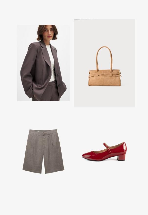 Dunkelbrauner Blazer mit maßgeschneidertem Design, breiten Revers, Knopfverschluss und Seitentaschen. Kombiniert mit einem hellen Oberteil.; Brauner, langärmeliger Pullover aus weichem, elastischem Material mit rundem Halsausschnitt und lockerer Passform, der eine glatte Textur und minimales Design aufweist.; Graue Leinen-Shorts mit lässiger Passform, flachem Bund, zwei vorderen Falten und seitlichen Taschen. Glatte Textur ohne sichtbare Muster.; Rote Lackleder-Mary-Jane-Schuhe mit abgerundeter Zehenpartie, niedrigem Blockabsatz und verstellbarem Riemen mit einer kleinen Schnallendetail.; Tasche aus braunem Wildleder mit zwei langen Griffen, rechteckiger Form und dekorativer Naht. Verfügt über einen seitlichen Riemen und subtile goldene Hardwareakzente.