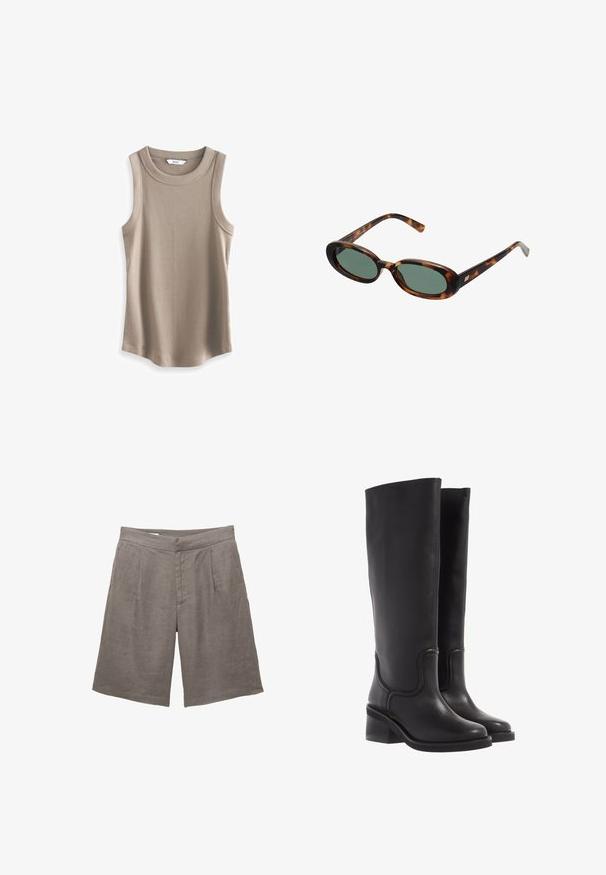 Blazer marrone scuro con design su misura, caratterizzato da risvolti ampi, chiusura a bottoni e tasche laterali. Abbinato a un top chiaro.; Next RACER STANDARD - Top - brown; Shorts in lino grigio con una vestibilità rilassata, dotati di fronte piatto, due pince frontali e tasche laterali. Tessuto liscio senza motivi visibili.; Stivali neri in pelle al ginocchio con una texture liscia, punta arrotondata e tacco spesso. Presentano una cucitura sottile e un design elegante.; Occhiali da sole tartarugati con montatura ovale e lenti verdi. Presentano aste sottili con un accento metallico vicino alle cerniere.; Borsa in suede tan con due manici lunghi, forma rettangolare e cuciture decorative. Presenta una tracolla laterale e sottili dettagli in oro.