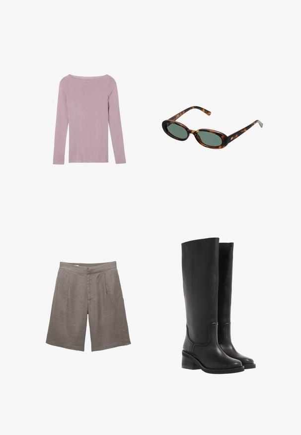 Ciemnobrązowa marynarka o dopasowanym kroju, z szerokimi klapami, zapięciem na guziki i kieszeniami bocznymi. Połączona z jasnym topem.; Intimissimi - Bluzka z długim rękawem; Szare lniane szorty o luźnym kroju, z płaskim przodem, dwoma plisami z przodu i kieszeniami bocznymi. Gładka tekstura bez widocznych wzorów.; Czarne skórzane kozaki do kolan o gładkiej fakturze, zaokrąglonym nosku i masywnym obcasie. Posiadają subtelne przeszycia i elegancki kształt.; Okulary przeciwsłoneczne w kolorze tortoise z owalnymi oprawkami i zielonymi soczewkami. Posiadają cienkie zauszniki z metalowym akcentem przy zawiasach.; Torebka z brązowego zamszu z dwoma długimi uchwytami, prostokątnym kształtem i dekoracyjnym przeszyciem. Posiada boczny pasek oraz subtelne akcenty w kolorze złotym.