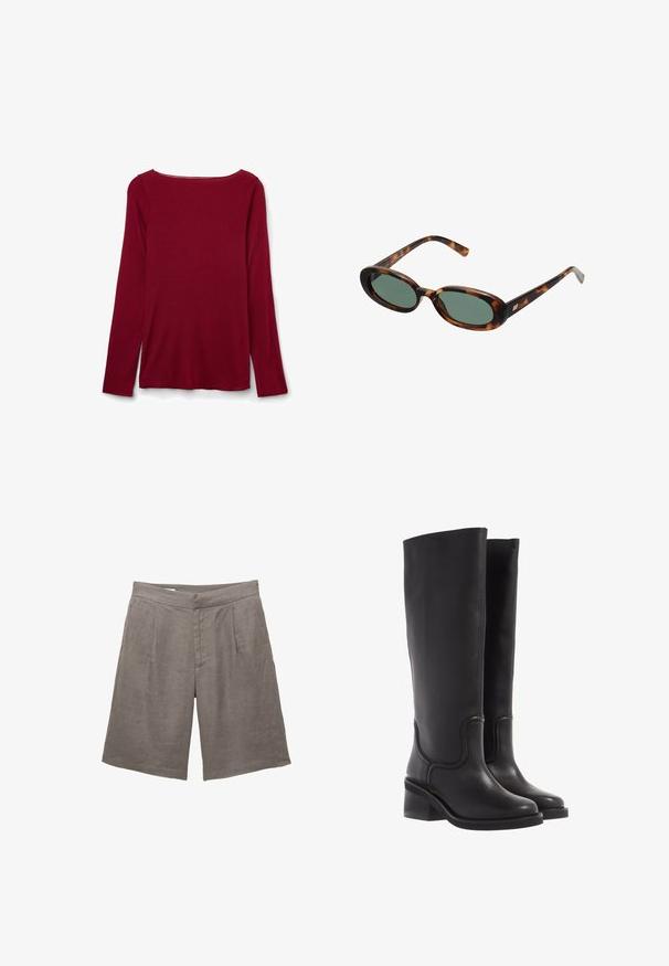Mørkebrun blazer med skræddersyet design, der har brede revers, knaplukning og sidelommer. Sammen med en lysfarvet top.; Burgunderfarvet langærmet bluse med rund halsudskæring, blød tekstur og løs pasform. Ingen synlige sømme eller dekorationer.; Grå linnedshorts med en afslappet pasform, der har en flad front, to for-pleater og sidelommer. Glat tekstur uden synlige mønstre.; Sorte læder knæ-høje støvler med en glat tekstur, rund tå og en chunky hæl. Har diskret syninger og et strømlinet design.; Skildpaddemønstrede solbriller med ovale stel og grønne linser. Har tynde arme med en metallisk detalje nær hængslerne.; Tan ruskindtaske med to lange håndtag, rektangulær form og dekorativ syning. Den har en sideløsning og subtile guldfarvede hardware-detaljer.