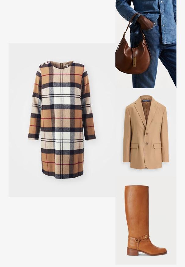 Blazer bege feito de tecido suave, apresentando um design de um só botão, duas bolsos frontais e dois botões. Lapelas recortadas e linhas limpas.; Vestido em mistura de lã com um grande padrão de xadrez em marrom, preto e branco, mangas compridas, decote redondo e botões decorativos nos ombros.; Botas altas de couro castanho com um acabamento suave, apresentando uma fivela lateral e um salto empilhado. A parte superior possui um design limpo e sem adornos.; Bolsa hobo de couro castanho com forma arredondada, apresentando um acabamento em metal dourado e costura em contraste. Combinada com uma camisa de ganga e jeans.