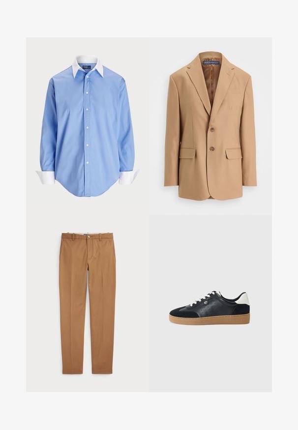 Beżowa marynarka wykonana z gładkiego materiału, z zapięciem na jeden guzik, dwoma przednimi kieszeniami i dwiema guzikami. Z klapami w kształcie litery V i czystymi liniami.; Jasnoniebieska koszula z długim rękawem, zapinana na guziki, z białym kontrastującym kołnierzykiem. Posiada gładką teksturę i pięć guzików z przodu.; Brązowe bawełniane spodnie w fasonie slim-fit, z płaskim przodem i standardowymi kieszeniami; gładka tekstura i podwinięte mankiety.; Czarne skórzane i zamszowe sneakersy z jasnobrązową gumową podeszwą. Posiadają białe sznurowadła oraz małe perforacje po bokach. Obecne logo Michael Kors.