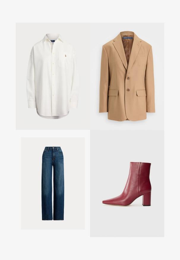 Μπεζ σακάκι φτιαγμένο από λεία ύλη, με σχέδιο με ένα κουμπί, δύο μπροστινές τσέπες και δύο κουμπιά. Με κομμένες πέτες και καθαρές γραμμές.; Λευκό πουκάμισο με κουμπιά, κατασκευασμένο από βαμβάκι, με τσέπη στο στήθος και μικρό κεντημένο λογότυπο. Χαλαρή γραμμή με κλασικό γιακά και μακριά μανίκια.; Φαρδιά τζιν παντελόνια σε σκούρο μπλε χρώμα. Διαθέτουν ψηλή μέση, κλείσιμο με κουμπί και κλασικό σχέδιο πέντε τσεπών. Λείο υφασμά με διακριτική φθορά.; Μπορντώ δερμάτινη μπότα έως τον αστράγαλο με μυτερή μύτη, τετράγωνη φτέρνα και λείο υλικό, διαθέτοντας απαλό σχέδιο χωρίς ορατό μηχανισμό.