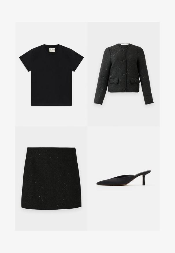 Black textured long-sleeve jacket with round neckline, front buttons, and two buttoned flap pockets.; Black short-sleeve crew neck t-shirt with a white tag inside the collar labeled "D.R.C. EST. 2002" on a white background.; Black textured mini skirt with subtle shiny speckles, straight cut, and no visible embellishments or patterns.; Black pointed-toe mule with a sleek design, made of smooth fabric, featuring a slender heel and open back for easy wear.