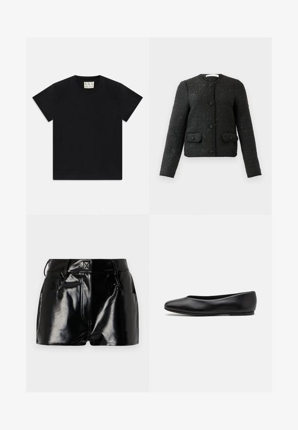 Črna teksturirana jakna z dolgimi rokavi in okroglim ovratnikom, sprednjimi gumbi ter dvema žepoma z gumbom na flap.; Črna kratka majica s kratkimi rokavi in krožnim izrezom, z belim etiketom znotraj ovratnika, označenim z "D.R.C. EST. 2002", na belem ozadju.; Črne, sijoče kratke hlače iz sintetičnega materiala. Imajo prilegajoč pas, zanke za pas in sprednje žepe z izrazitimi šivi.; Paul Smith TOPANGA - Balerinke - black