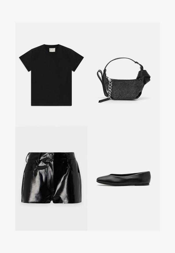 Sort tekstureret langærmet jakke med rund hals, frontknapper og to lommeflapper med knap.; Sort kortærmet t-shirt med rund hals og et hvidt mærke indeni kraven, mærket "D.R.C. EST. 2002" på hvid baggrund.; Sorte, blanke shorts lavet af syntetisk materiale. Har en tætsiddende talje, bælteslaufer og forlommer med fremtrædende stikninger.; Paul Smith TOPANGA - Ballerinasko - black; Sort håndtaske med en struktureret overflade, prydet med sølvnitter og en kraftig sølv kædedyse. Har en slank, minimalistisk form.