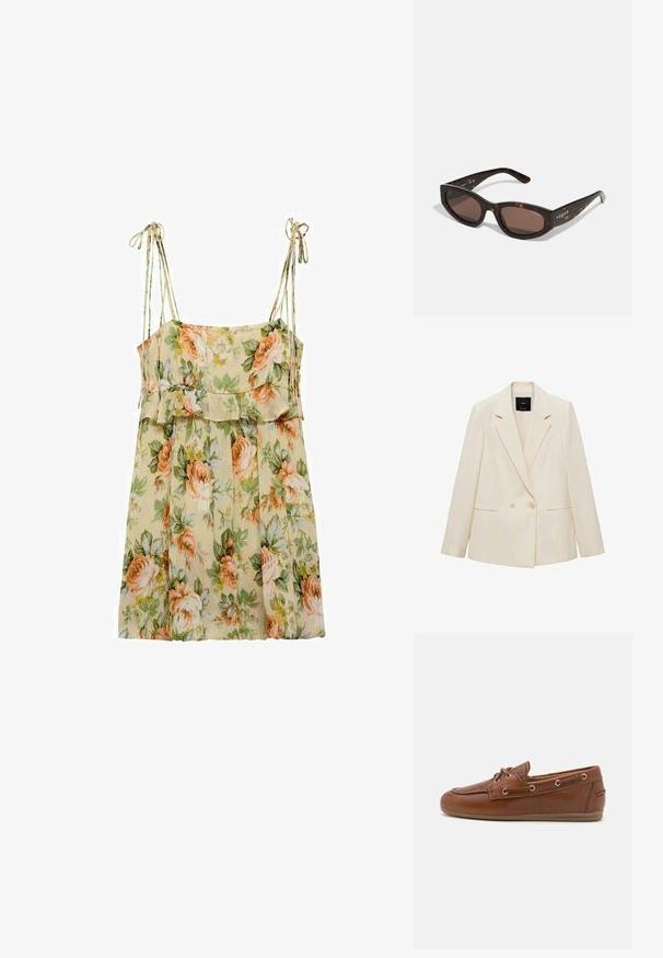 Dobbeltbrystet blazer i creme, med slået krave, to forlommer og knaplukning. Lavet af glat stof med en struktureret pasform.; Blomster-sommerkjole i lys beige med fersken- og grønne roser. Har tynde skulderstropper, en volanglivlinje og en svaje, løs pasform.; Brune læder bådsko med snøredetalje, metaløjer, en struktureret overflade og en fleksibel tan gummisål. Rund tådesign.; Brune skildpaddemønstrede solbriller med rektangulær form, mørkebrune linser og guld "vogue" branding på stængerne.