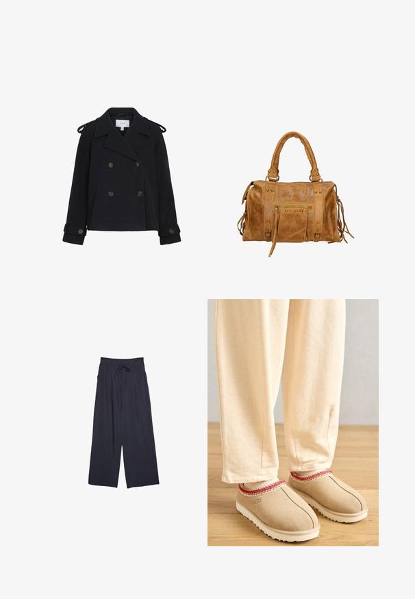 Zwarte wollen jas met een dubbel geplooide ontwerp, grote kraag, schouderepauletten en knoopmanchetten. Voorzien van voorzakken en bronzen knopen.; Beige gebreide cardigan met lange mouwen en vijf houten knopen aan de voorkant, met een ronde halslijn en geribbelde manchetten en zoom.; Witte langwerpige blouse van glad katoen, met een ronde halslijn en zonder patronen of versieringen. Klassiek, minimalistisch ontwerp.; Wijde broek in donker marineblauw, met een gestructureerde stof, een trekkoord in de taille en een losse pasvorm voor comfort.; Tansuède klompen met een rode decoratieve rand en een witte rubberen zool, gecombineerd met lichtbeige broeken, geplaatst op een houten vloer.; Tan leren handtas met twee korte handvatten, ritsvak, metalen accenten en decoratieve zijtassels. Zachte textuur met een licht gerimpelde afwerking.