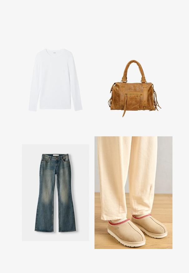 Schwarzer Wollmantel mit einem doppelt geknöpften Design, großem Kragen, Schulterklappen und knöpfbaren Manschetten. Verfügt über Taschen vorne und bronzefarbene Knöpfe.; Beige gestrickte Strickjacke mit langen Ärmeln und fünf Holzknöpfen auf der Vorderseite, runder Halsausschnitt sowie gerippte Bündchen und Saum.; Weißes Langarmshirt aus glattem Baumwollstoff mit rundem Halsausschnitt und ohne Muster oder Verzierungen. Klassisches, minimalistisches Design.; Blaue Schlagjeans mit einem ausgewaschenen Look, fünf Taschen und einem Knopfverschluss. Das Material zeigt eine Denim-Textur mit dezenten Stickdetails.; Beige Wildlederschuhe mit rotem dekorativem Rand und weißer Gummisohle, kombiniert mit hellbeigen Hosen, auf einem Holzboden.; Tasche aus braunem Leder mit zwei kurzen Griffen, Reißverschlussfach, metallischen Akzenten und dekorativen seitlichen Quasten. Weiche Textur mit einer leicht zerknitterten Oberfläche.