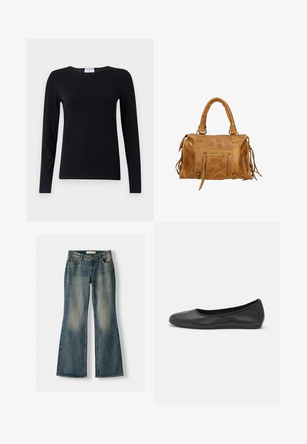 Zwarte wollen jas met een dubbel geplooide ontwerp, grote kraag, schouderepauletten en knoopmanchetten. Voorzien van voorzakken en bronzen knopen.; Beige gebreide cardigan met lange mouwen en vijf houten knopen aan de voorkant, met een ronde halslijn en geribbelde manchetten en zoom.; Zwart shirt met lange mouwen van zachte stof, met een ronde hals, rechte snit en minimale naden voor een frisse uitstraling.; Blauwe uitlopende spijkerbroek met een vervaagde wassing, vijf zakken en een knoopsluiting. Het materiaal heeft een denim textuur met subtiele stikseldetails.; Zwarte leren ballerina met een ronde neus, gladde textuur, minimale stikdetails en een flexibele zoolontwerp.; Tan leren handtas met twee korte handvatten, ritsvak, metalen accenten en decoratieve zijtassels. Zachte textuur met een licht gerimpelde afwerking.