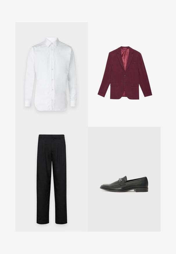 Bordeaux blazer med en glatt tekstur, enknappsfeste design, to frontlommer og en satinforing i en lysere nyanse.; Hvit skjorte med lange ermer, laget av glatt bomullsstoff, med klassisk krage og subtil glans. Fem knapper foran.; Sorte bukser laget av glatt stoff, med rette ben, to frontfoldninger og standard liv med beltehemper.; Sorte skinnloafers med en glatt finish, og med en sydd design og en dekorativ metallkjedeakcent over foten. Flat hæl.