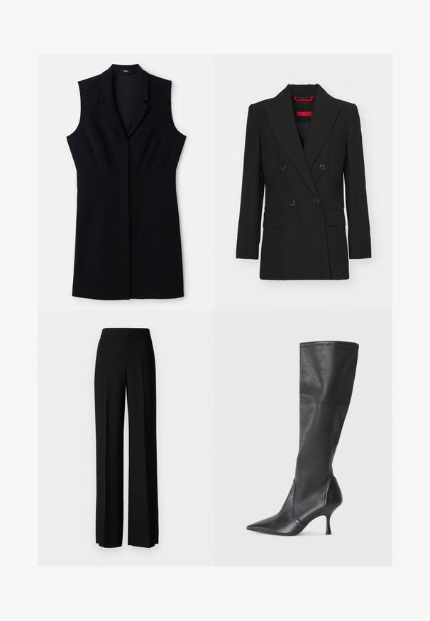 Schwarze zweireihige Blazer mit Reverskragen, zwei Fronttaschen und Knopfverschlüssen. Glatte Textur, taillierte Passform und sichtbares rotes Markenetikett.; Schwarzes ärmelloses Blazer-Kleid mit taillierter Passform, ausgestattet mit einem Reverskragen und einem einzelnen Frontverschluss. Glattes Material und minimalistisches Design.; Schwarze weite Hosen mit einer glatten Textur, ausgestattet mit einem hohen Bund und mittleren Falten. Keine sichtbaren Muster oder Hardware-Details.; Knöchelhoche schwarze Lederstiefel mit einer spitzen Zehe und einem schlanken Stiletto-Blockabsatz. Glatte Textur mit einer enganliegenden Passform und Nähten am oberen Rand.