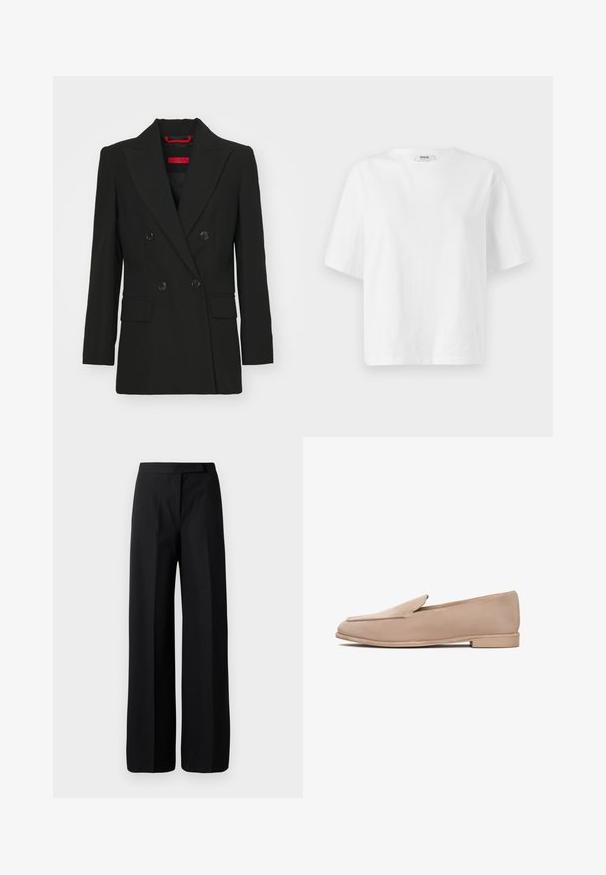 Mustat kaksiriviset bleiserit, joissa on huippukannukset, kaksi etutaskua ja nappisuljenta. Sileä rakenne, hyvin istuva malli ja näkyvä punainen brändilogo.; Valkoinen lyhythihainen t-paita, joka on valmistettu puuvillasta. Paidassa on pyöreä kaula-aukko ja löysä, laatikkomainen istuvuus, jossa on vain vähäiset ompeluyksityiskohdat.; Mustat, leveälahkeiset housut, joissa on sileä, mattapintainen tekstuuri. Littee vyötärö, johon ei ole näkyvää metalliosaa tai kuvioita. Yksinkertainen ja tyylikäs muotoilu.; Beige mokasiner i semsket skinn med lav hæl, mandelformet tå, og sydd detaljer langs kantene. Jevn tekstur og minimalistisk design.