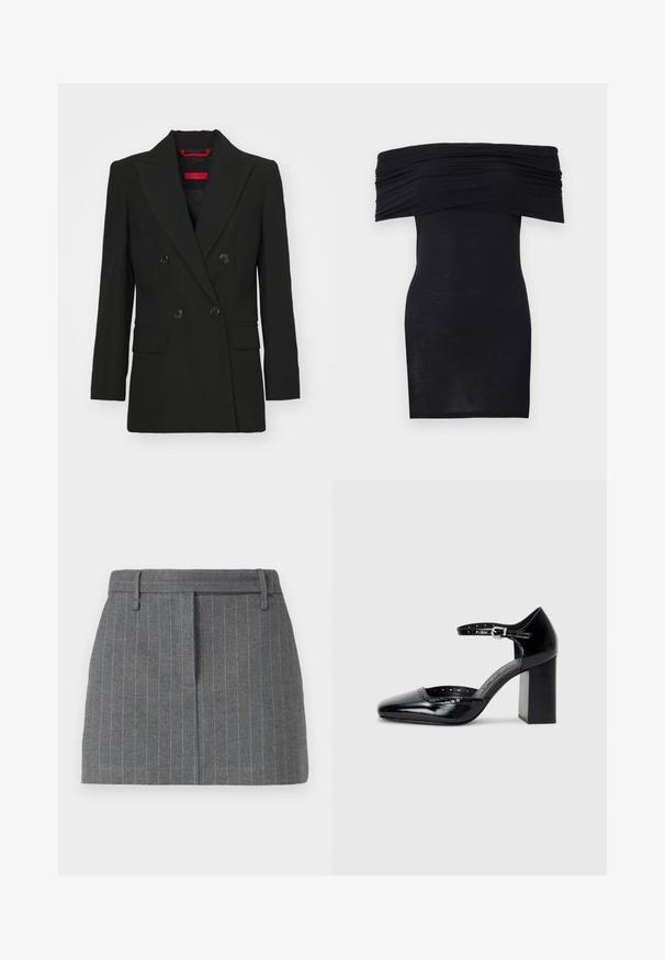 Černý dvouřadý blazer s špičatými klopami, dvěma předními kapsami a knoflíkovým zapínáním. Hladká textura, příjemný střih a viditelná červená značka.; Černé šaty nad ramena se stahovaným dekoltem, úzkým střihem a hladkým povrchem. Minimalistický design, délkou po kolena, bez dalších ozdob.; Šedá sukně s pruhy, přiléhavý střih, se světle modrými pruhy, poutky na pásek a předním skladem. Vyrobena z texturované tkaniny. Krátká délka.; Černé lakované kožené vysoké podpatky se čtveratou špičkou, řemínkem kolem kotníku a masivním podpatkem. Obsahuje perforované detaily na okraji.