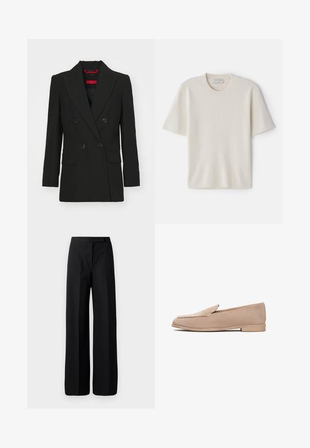 Crni dvoredni sako s oštrim reverima, dva prednja džepa i kopčama na dugmad. Glatka tekstura, prilagođeni kroj i vidljiva crvena oznaka brenda.; Krem majica s kratkim rukavima i okruglim izrezom, izrađena od mekanog materijala, s ravnim krojem i minimalnim detaljima.; Hlače širokih nogavica crne boje sa glatkom, mat teksturom. Ravan pojas bez vidljivih dodataka ili uzoraka. Jednostavan i elegantan dizajn.; Bež suède mokasine s niskom petom, bademastog vrha i prošivenim detaljima duž rubova. Glatka tekstura i minimalistički dizajn.