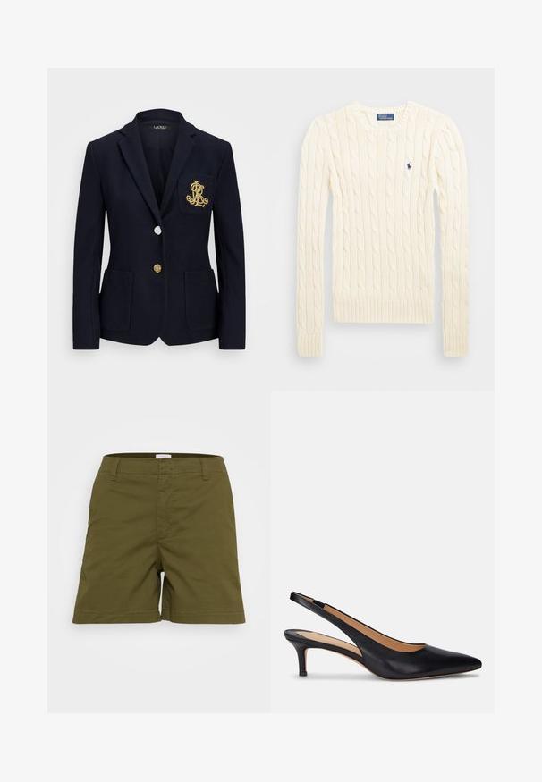 Blazer navy in tessuto texturizzato, con accessori in oro, chiusura a un bottone e taschino sul petto con logo ricamato.; Maglione crema a costine con maniche lunghe, polsini e orlo a coste, caratterizzato da un piccolo logo ricamato sul lato sinistro del petto.; Pantaloni corti verde oliva realizzati in tessuto leggero, con un taglio classico e orlo dritto, dotati di tasche frontali. Vita piatta con passanti.; Pump slingback in pelle nera con punta affilata, tacco kitten basso e texture liscia. Presenta un design con schiena aperta e dettagli di cucitura minimi.