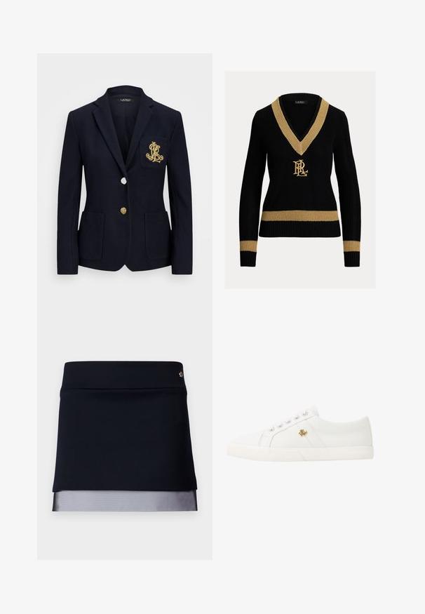 Jūrų laivyno švarkas iš tekstūruoto audinio, su auksiniais aksesuarais, vieno mygtuko užsegimu ir krūtininės kišene su siuvinėtu logotipu.; Juodas megztinis su auksiniu V formos apvadu, su auksinėmis horizontaliomis juostelėmis ant apykaklės ir rankogalių, bei auksiniu siuvinėtu logotipu priekyje.; Juoda sijonas su prigludusia liemene ir permatomu tinklo apdailos priedu. Audinys lygaus paviršiaus, su struktūrizuotu dizainu, apipavidalintas maža metaline detale.; Lauren Ralph Lauren JANSON II CANVAS SNEAKER - Sportbačiai - optic white