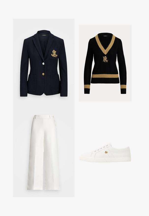 Mornarica jakna steksturiranom tkaninom, zlatnim detaljima, zatvaranjem na jedan gumb i prsnom džepom s izvezenim logotipom.; Crni pleteni pulover s zlatnim V-izrezom, s zlatnim horizontalnim prugama na rubu i manžetama te zlatno izvezenim логом na prednjem dijelu.; Lauren Ralph Lauren BASHRALLE CROPPED FLAT FRONT - Hlače - white; Lauren Ralph Lauren JANSON II CANVAS SNEAKER - Tenisice - optic white
