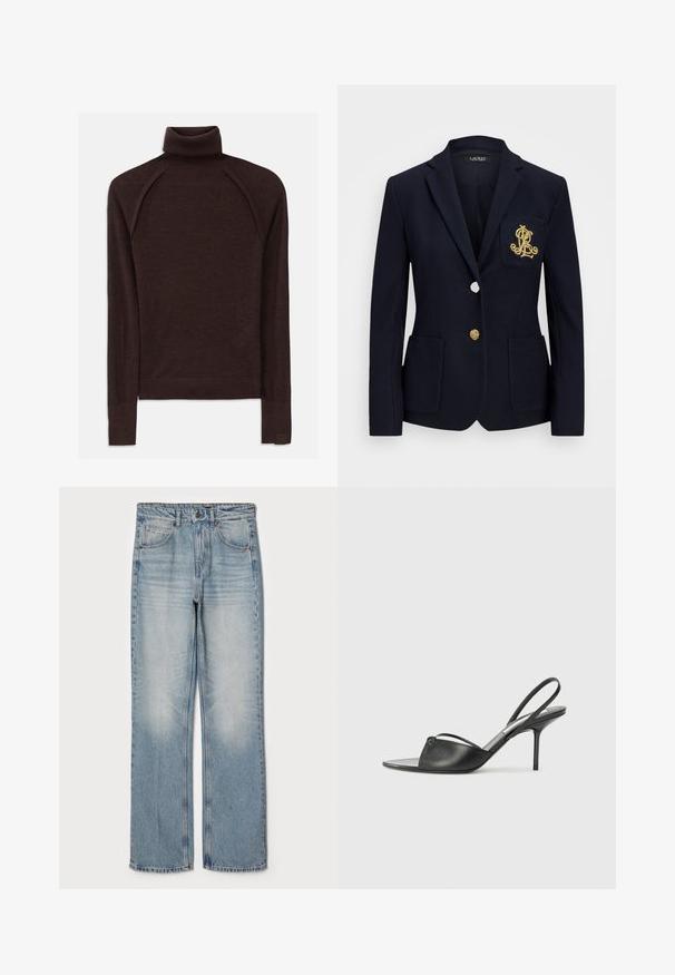 Jūrų laivyno švarkas iš tekstūruoto audinio, su auksiniais aksesuarais, vieno mygtuko užsegimu ir krūtininės kišene su siuvinėtu logotipu.; Ruda golfo megztinis, pagamintas iš minkštos medžiagos, su ilgomis raglano rankovėmis, įvairiakampiais rankogaliais ir kaklu, su subtiliu logotipo akcentu ant apačios.; Šviesiai mėlyni džinsai su tiesiu kirpimu, aukšta juosmens linija, penkių kišenių dizainas ir švelnus blukimas šlaunų ir kelių srityse.; Juodos odinės slingback aukštakulnės bateliai su smailiu priekiniu galu, plona kulkšnies juostele ir stiletto kulnu. Papuošti mazginio detalė vampyro dalyje.