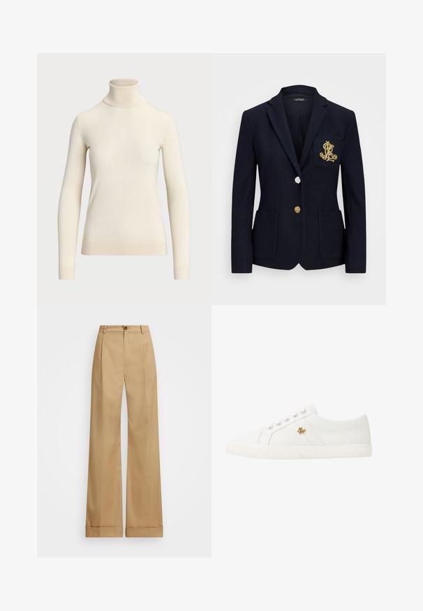 Granatowa marynarka z teksturowanej tkaniny, złotymi detalami, z jednym guzikowym zapięciem oraz kieszenią na piersi z haftowanym logo.; Kremowy golf wykonany z miękkiego materiału, z długimi rękawami i dopasowanym krojem. Zawiera małe złote logo na dolnym brzegu.; Beżowe spodnie o szerokich nogawkach z zapięciem na guzik, charakteryzujące się gładką teksturą i wyprasowanymi fałdami. Dodatkowo z mankietami dla lepszego wykończenia.; Lauren Ralph Lauren JANSON II CANVAS SNEAKER biały