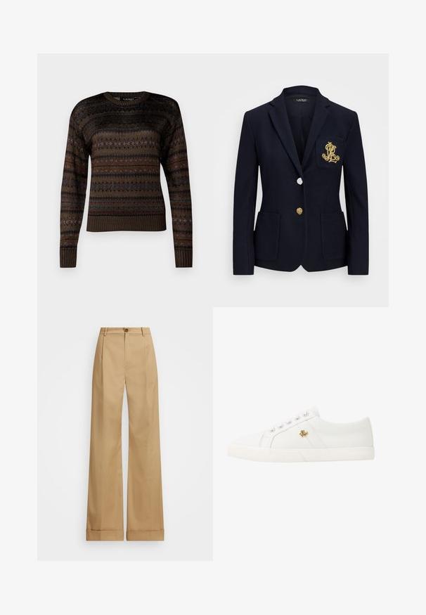 Navy blazer with a textured fabric, gold hardware, a single button closure, and a chest pocket featuring an embroidered logo.; Brown knitted sweater featuring a round neckline, long sleeves, and textured stripes with multicolored accents throughout.; Beige wide-leg trousers with a button closure, featuring a smooth texture and pressed creases. Cuffed hems for added detail.; Lauren Ralph Lauren JANSON II CANVAS SNEAKER - Trainers - optic white